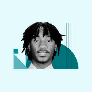 A young man with locs and a cross earring is shown in a black-and-white portrait. Abstract teal geometric shapes overlay the pale blue background.
