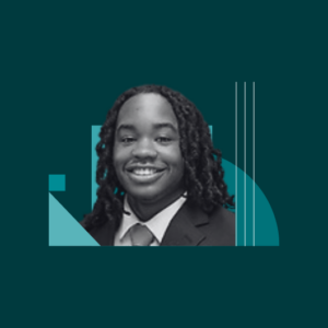 A smiling person with long dreadlocks wears a suit and tie. The black-and-white portrait is on a teal background with geometric shapes and lines.
