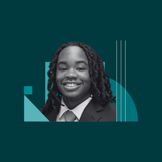 A smiling person with long dreadlocks wears a suit and tie. The black-and-white portrait is on a teal background with geometric shapes and lines.