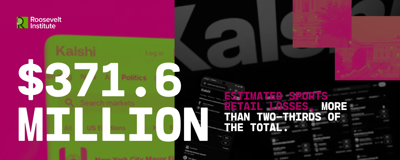 $371.6 million estimated sports retail losses, more than two-thirds of the total. Background shows Roosevelt Institute logo and financial app graphics.