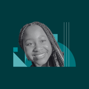 A smiling woman with braided hair is shown in black and white, overlaid on an abstract teal geometric background with shapes and vertical lines.