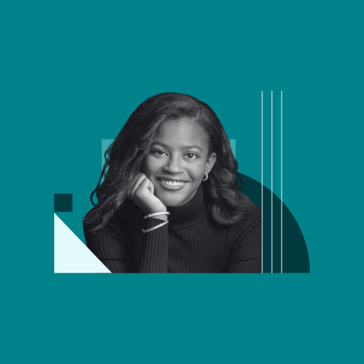 A woman with long hair, wearing a black turtleneck, smiles while resting her chin on her hand. The black-and-white portrait is set against a teal background with geometric shapes.