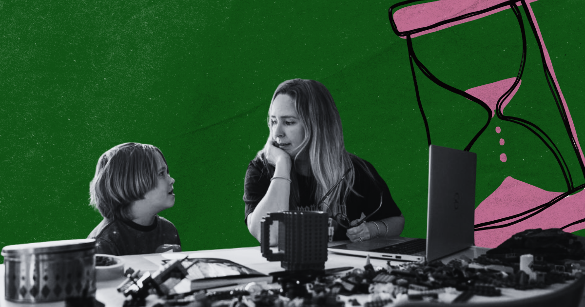 A woman sits at a table with a laptop, looking at a child. Various objects and toys are scattered on the table. A large illustrated hourglass is in the background against a green backdrop.