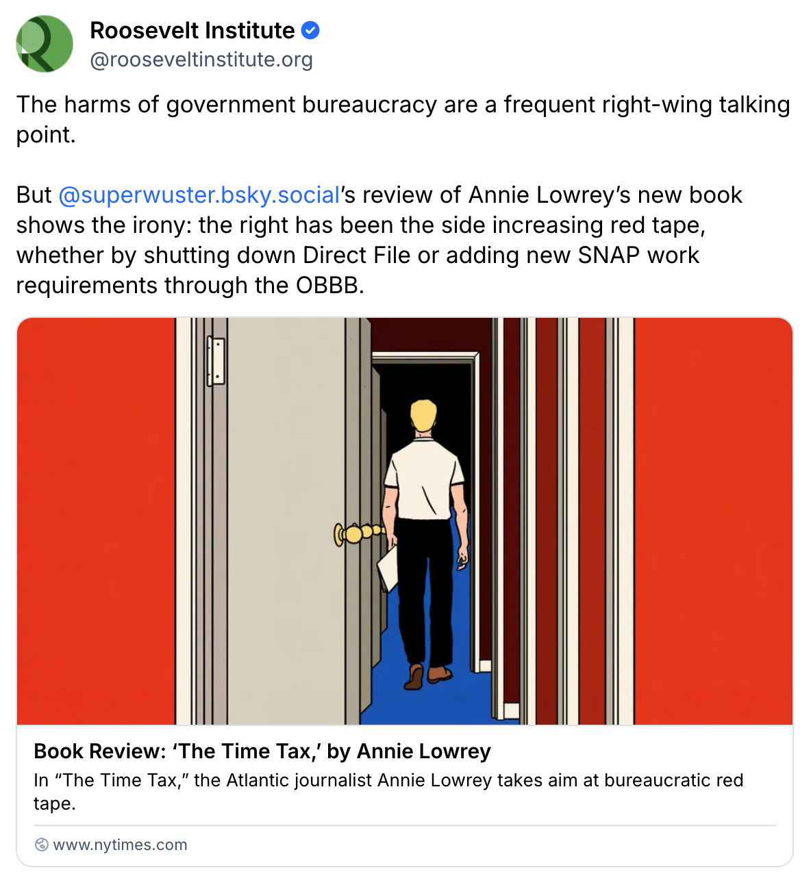 Illustration of a person standing in a hallway with five doors, each painted red and labeled with a government agency name; the person faces a yellow-lit doorway at the end.