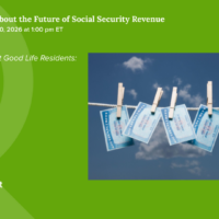 Green event flyer with blue Social Security cards on a clothesline, announcing a discussion on Social Security revenue featuring Tyler Bond, Jon Schwabish, and Lena Simet, hosted by the Roosevelt Institute.