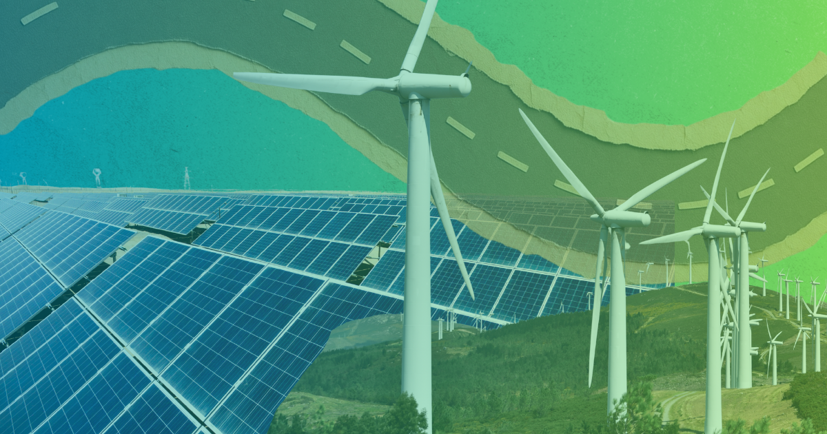 A landscape with solar panels and wind turbines generating renewable energy, under an abstract, layered sky with road patterns.