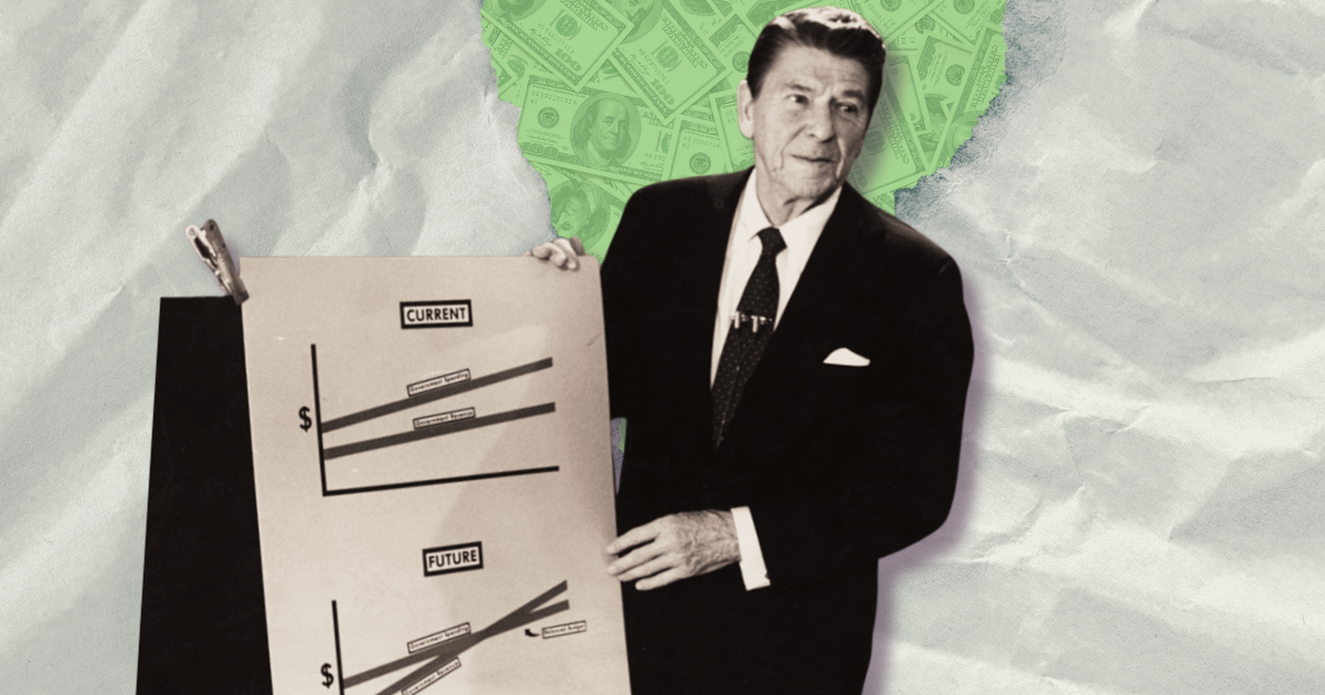 A man in a suit presents a chart with rising dollar lines labeled Current and Future. The background features crumpled paper and a green area with money illustrations.