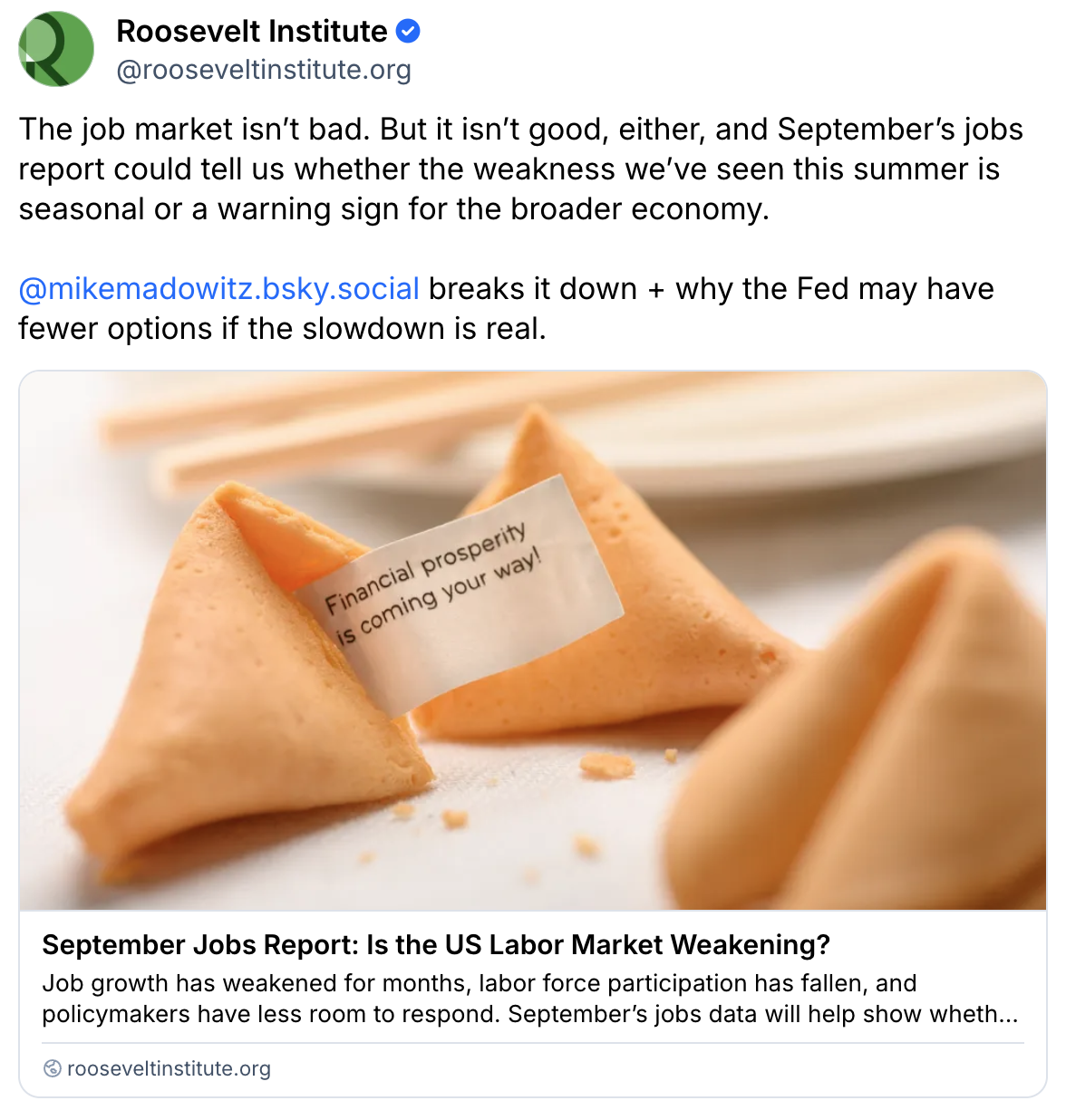 A fortune cookie with a message reading Financial prosperity is coming your way, next to another open cookie. Text discusses the US job market and September jobs report.