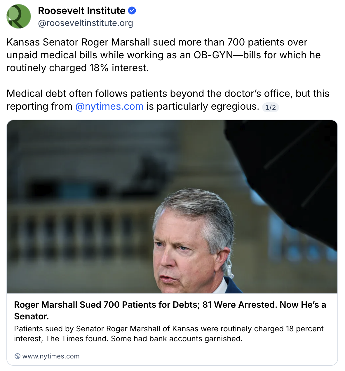 Kansas Senator Roger Marshall stands in front of a blurred American flag and speaks. Text above details lawsuits he filed against patients for unpaid bills, charging 18% interest. The tweet includes a link to a New York Times article.