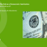 Event flyer for Taking Account: The Fed as a Democratic Institution on October 6, 2026, featuring speakers Ethan Struby, Erin Lockwood, Christian Flores, and moderator Claudia Sahm, with an image of a U.S. Federal Reserve banknote.