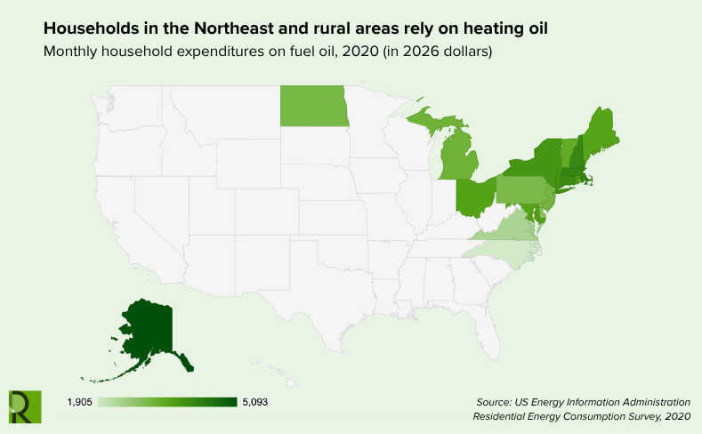Map of the United States showing higher monthly household expenditures on heating oil in the Northeast, the Great Lakes region, and Alaska, with a gradient scale ranging from 1,905 to 5,093 dollars.