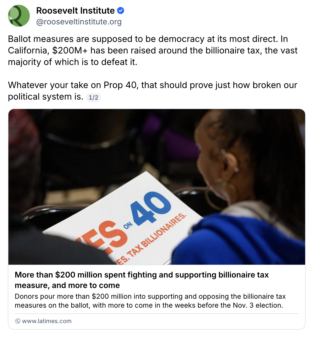 A person holds a YES ON 40 sign at an event. The image is accompanying a tweet discussing California ballot measures and funding related to a billionaire tax proposition.