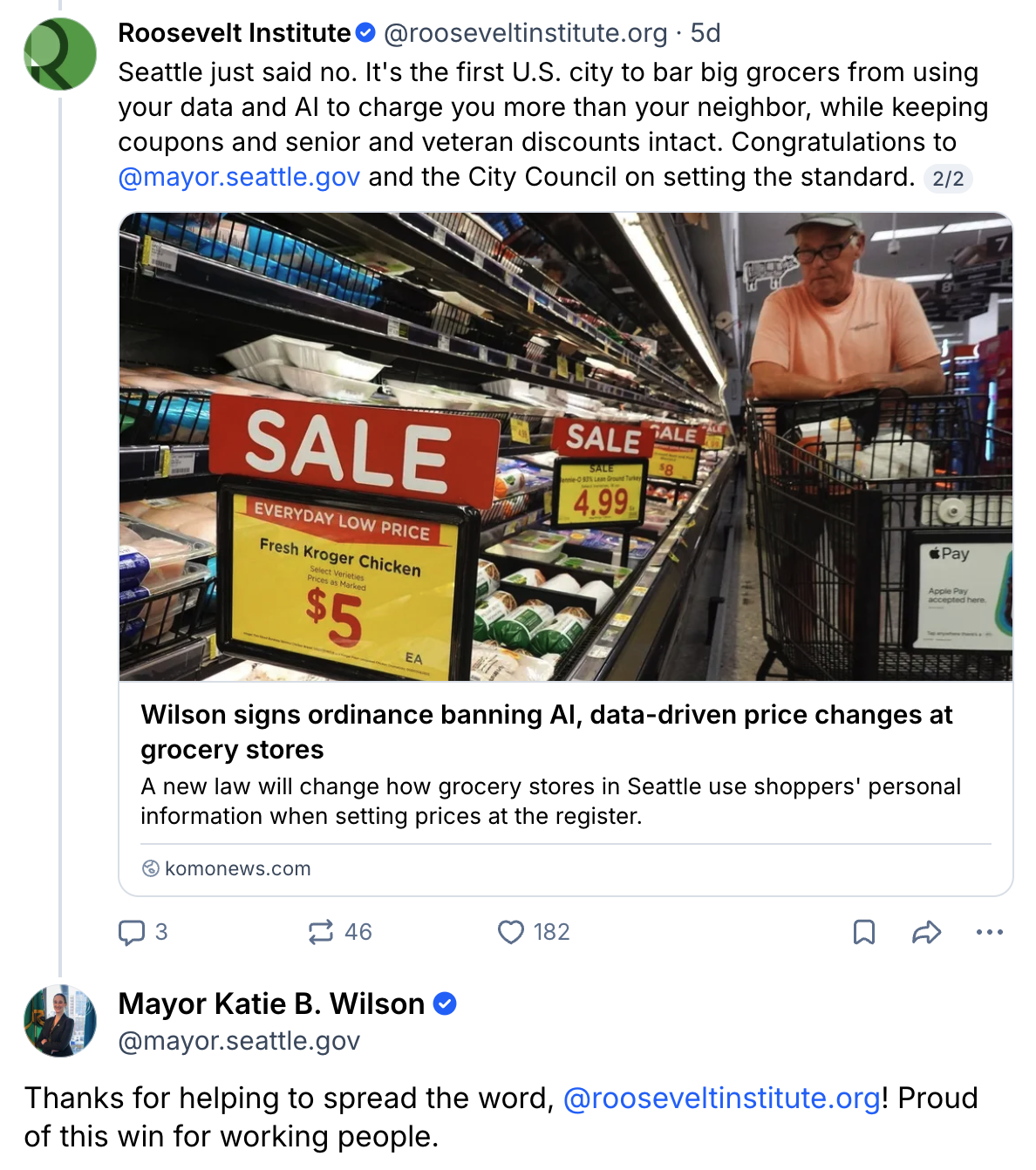 A man pushes a grocery cart through a store aisle with red sale signs on display, accompanied by a news headline stating, Wilson signs ordinance banning AI, data-driven price changes at grocery stores.
