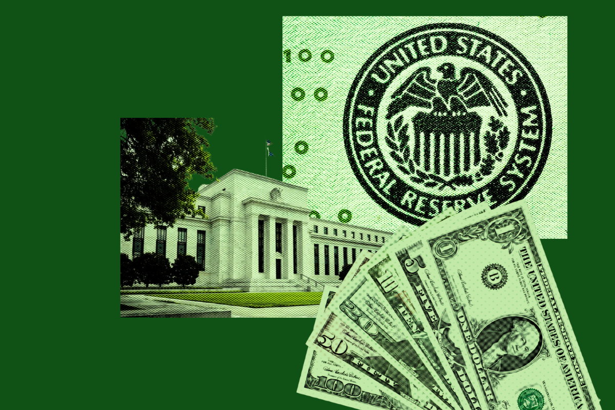 The Federal Reserve System seal, the Marriner S. Eccles building, and a fan of United States banknotes.